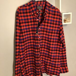 Men’s orange and blue plaid button down shirt